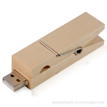 Wooden Clothes Pin Shaped USB Flash Drive with Actual Peg Style Clasp Mechanism